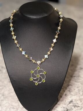 Pearl & Abalone Shell with Peridot Crystal Pendant In Sterling Silver Necklace.